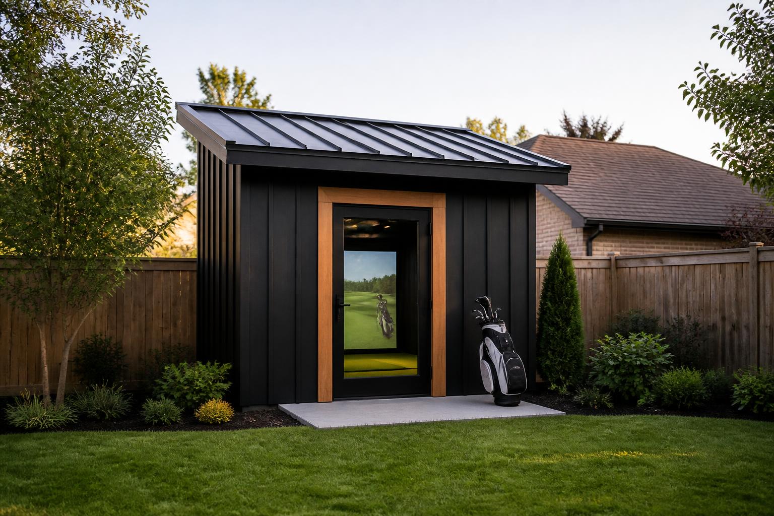 The Bay — compact detached golf building in a suburban backyard