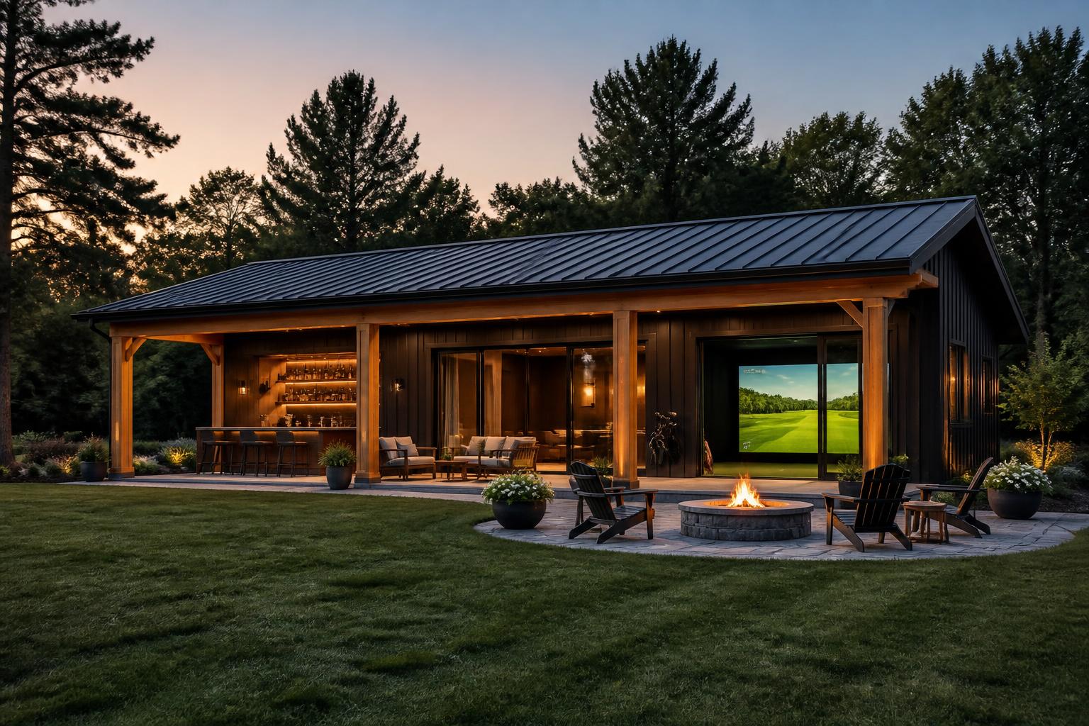 The Clubhouse — flagship detached golf building with deep covered porch and fire pit at dusk