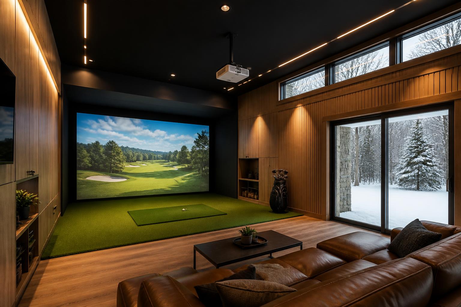 Interior of The Room — simulator at one end, lounge zone at the other