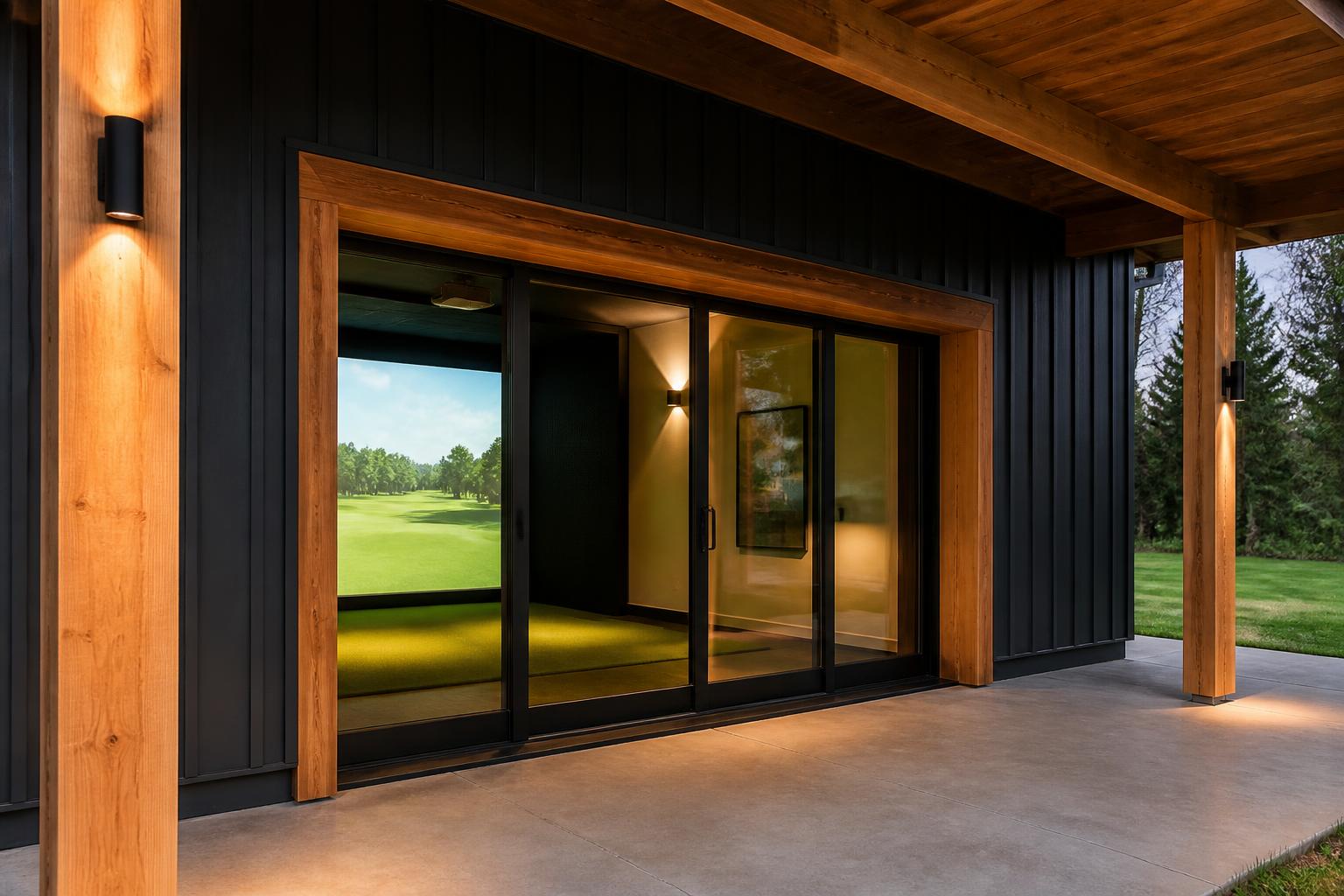 Large glass slider in a cedar surround with warm interior glow at dusk