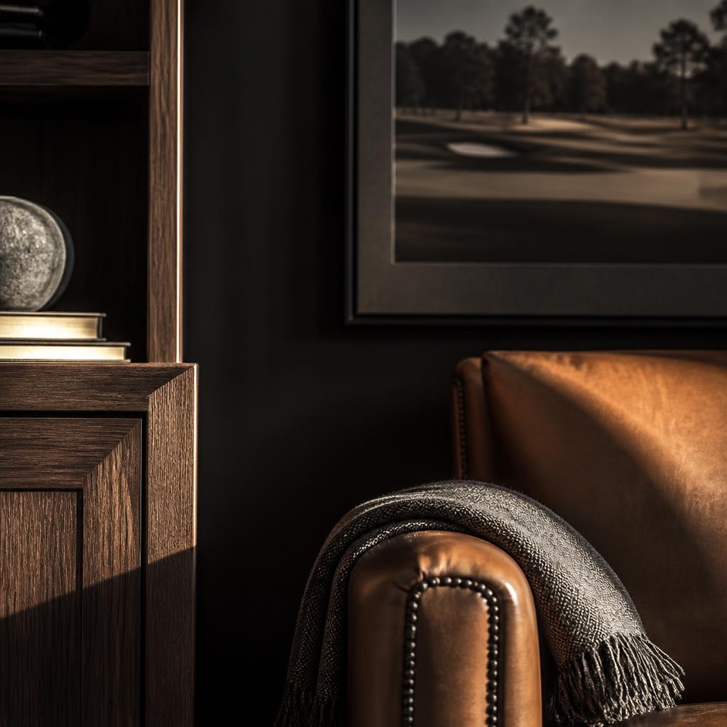 Leather seating against walnut millwork in warm lamp light