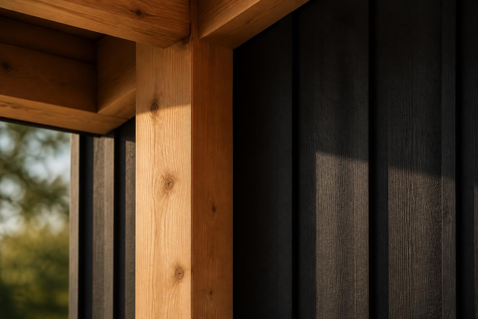 Black board-and-batten siding meeting a warm cedar corner post