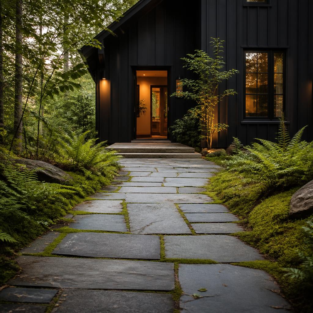 Stone paver path leading to the entry of the building with ferns at the edge