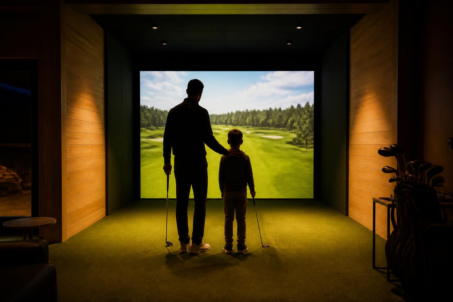 Parent and child in silhouette in front of a glowing simulator screen
