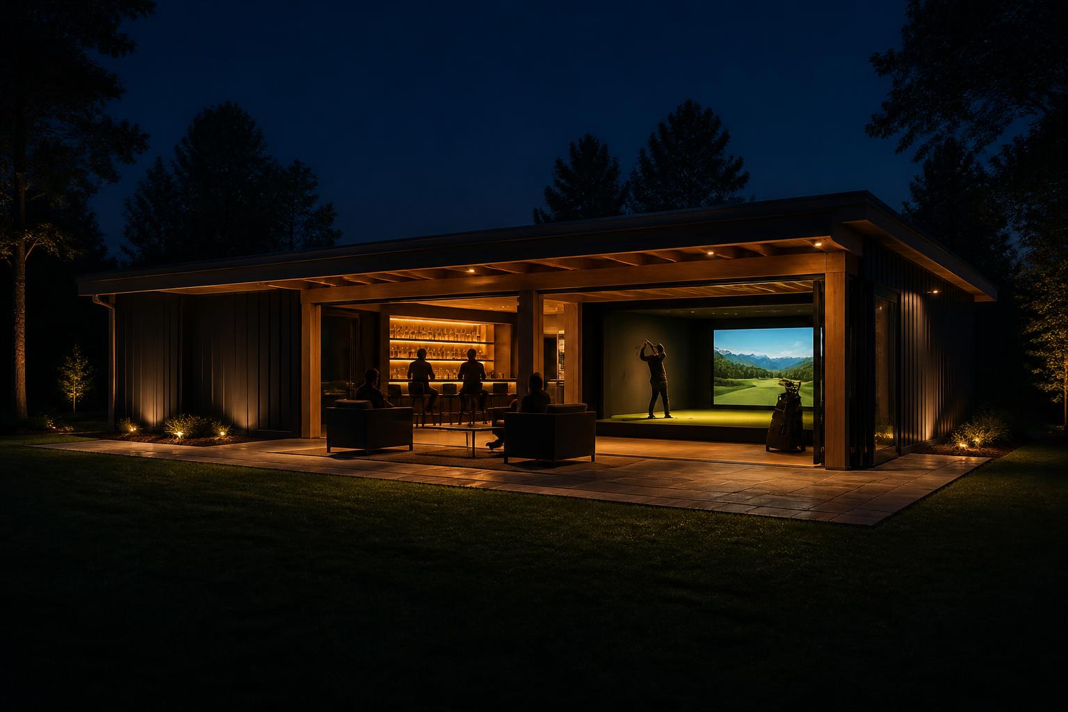 Guests in a warm detached clubhouse at night, bar on one side, glowing simulator screen at the far end