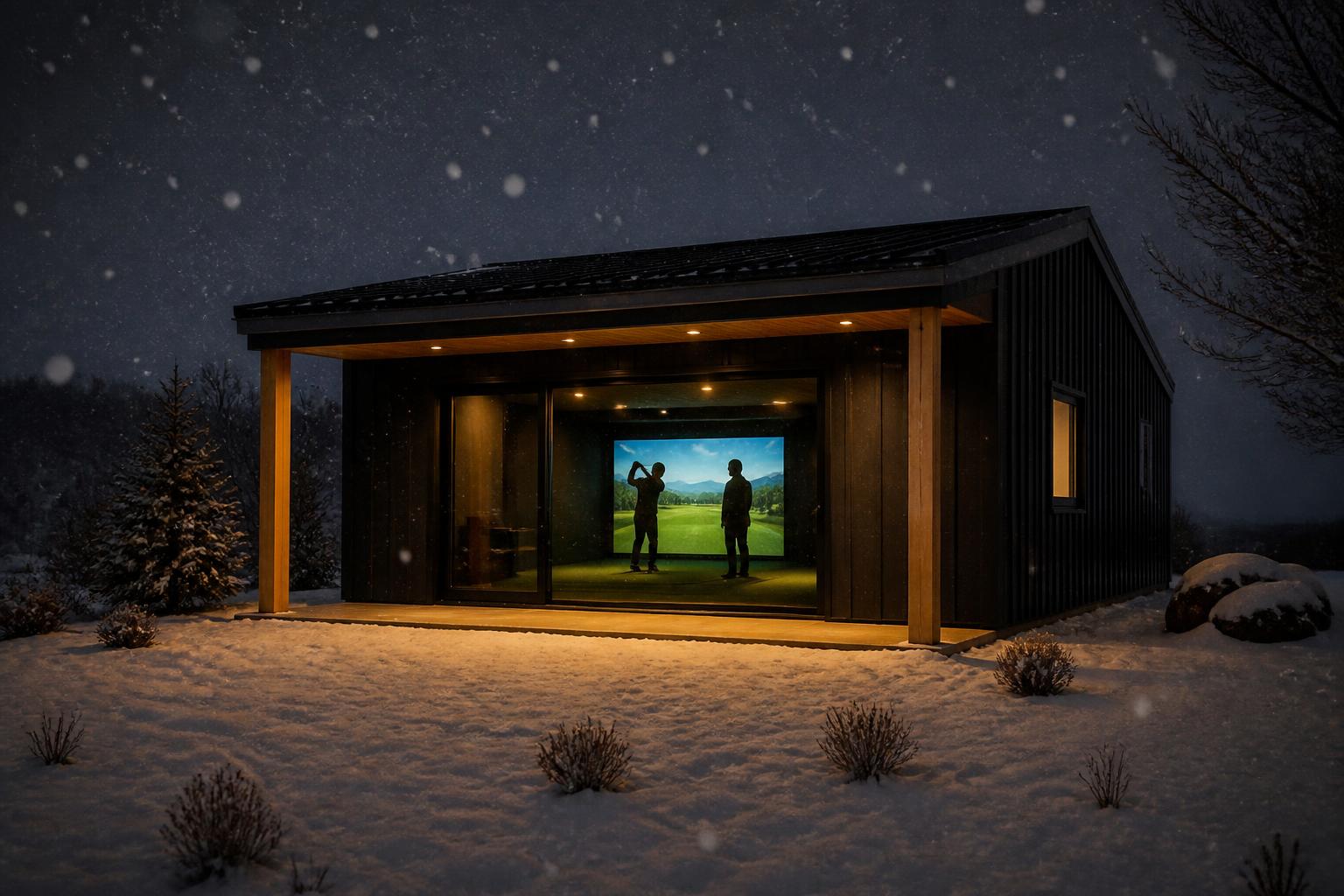 Two figures in silhouette playing golf inside a lit building, snow falling in the foreground