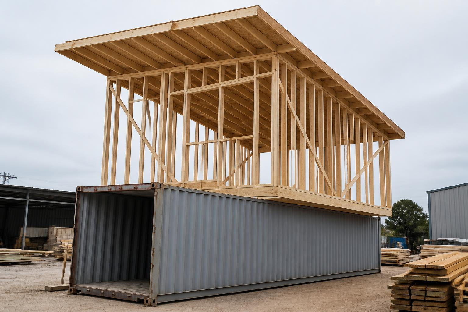 Shipping container chassis with framed walls and a raised roof structure being built on top