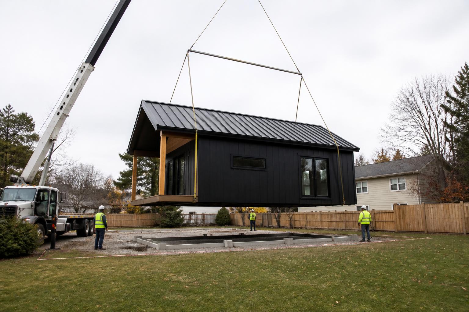 The Push Cart being set by crane onto a prepared pier pad at a residential property