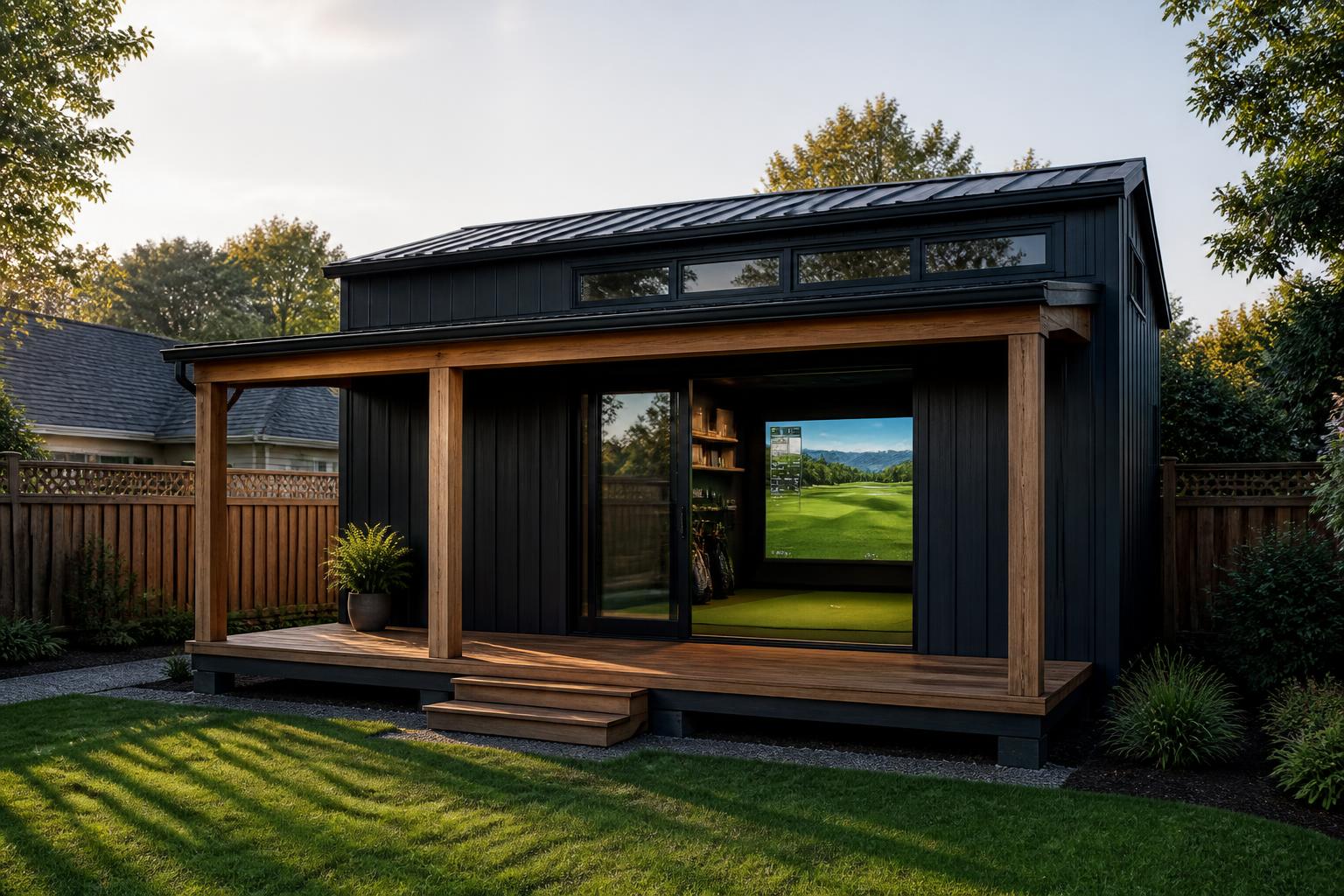 The Push Cart — compact relocatable black board-and-batten golf building on piers in a suburban backyard