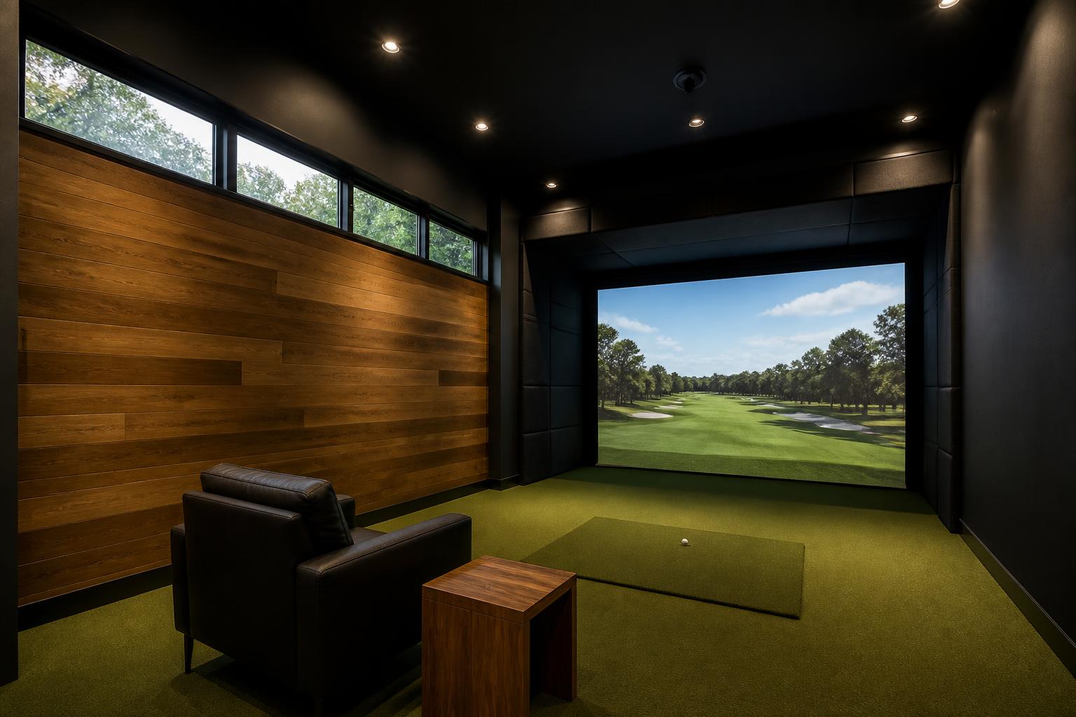 Interior of The Push Cart with a tall ceiling, turf, impact screen and a leather chair