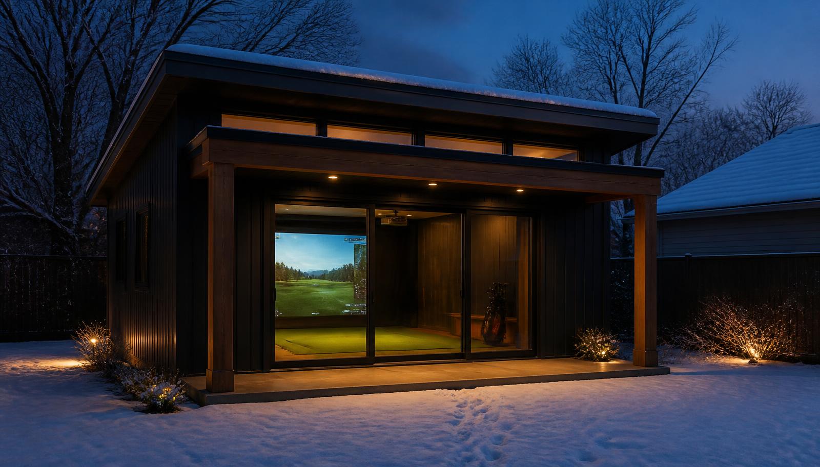 The Push Cart glowing warm in a snowy backyard at winter dusk