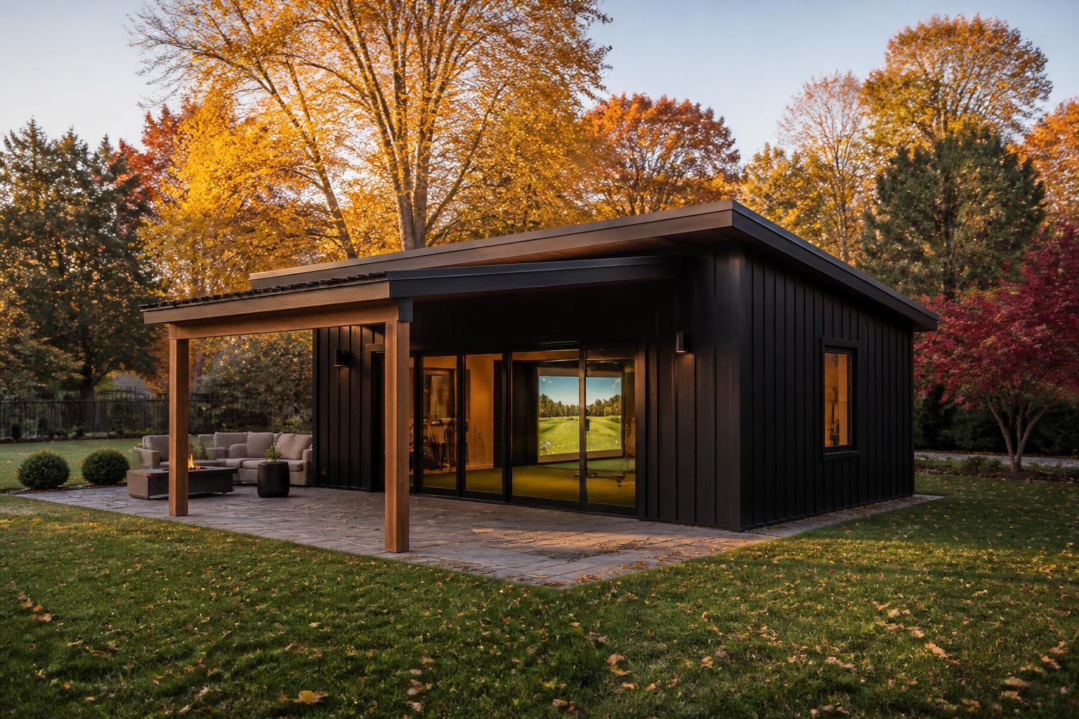 Detached golf building at a New England lake at sunset in peak foliage