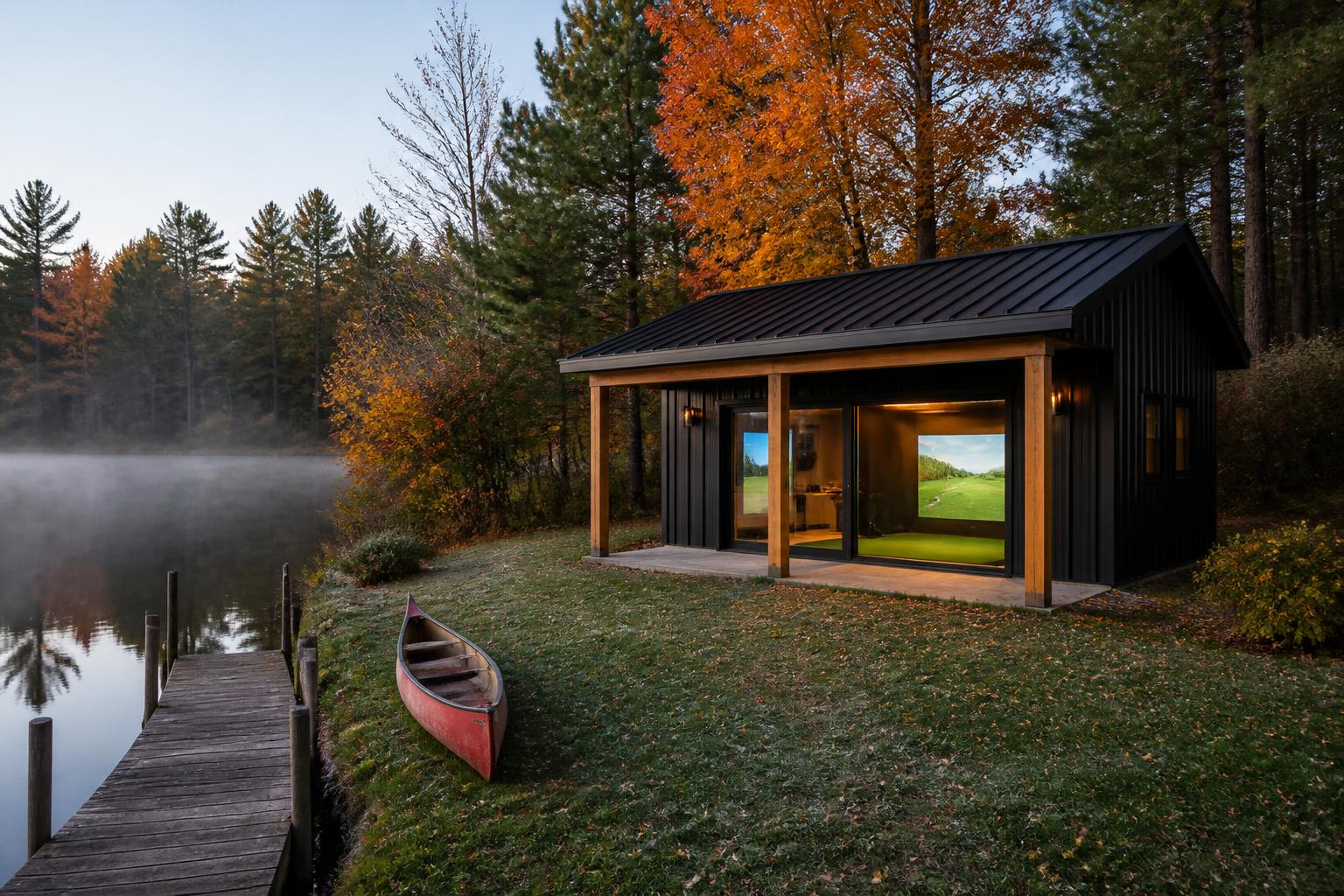Lakefront siting — detached golf building set back from the shoreline with a dock and canoe