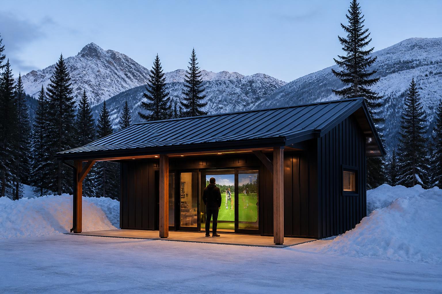 Ski-country siting — black timber golf building with mountains behind