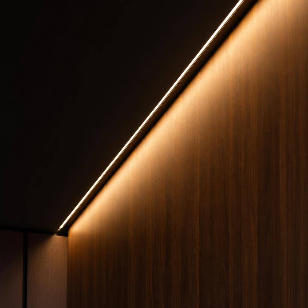 Linear architectural lighting detail against a black ceiling and wood wall